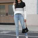 CiCiBird Womens Fall 2025 Color Block Sweater Striped Long Sleeve Knit Pullover Tops Loose Crew Neck Sweaters (Black, L)