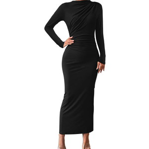 BTFBM Women Bodycon Maxi Dress Long Sleeve Back Slit Ruched Elegant Party Cocktail Formal Spring Wedding Guest Dresses XL