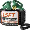 PlugSaf NEMA 14-50P/14-50R 15 FT 50 Amp RV/EV Extension Cord Outdoor with Grip Handle, 4 Prong Flexible Heavy Duty STW RV Power Cord Waterproof, 50A 125/250V 6250/12500W, Black-Green, ETL Listed