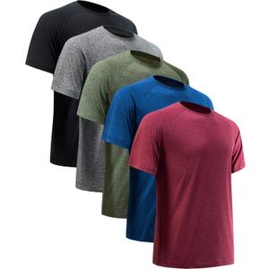 Workout Shirts for Men Short Sleeve Quick Dry Athletic Gym Active T Shirt Moisture Wicking (Large, 5 Pack Black, Dark Grey, Dark Blue, Army Green, Wine Red)