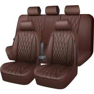 CAR PASS Piping Luxury Faux Leather Seat Covers Full Set, 5 Seats Anti-Slip Waterproof Seat Covers Compatible with Front Armrests, Universal Fit for Suvs,Vans,Trucks,Airbag Compatible, Pure Brown
