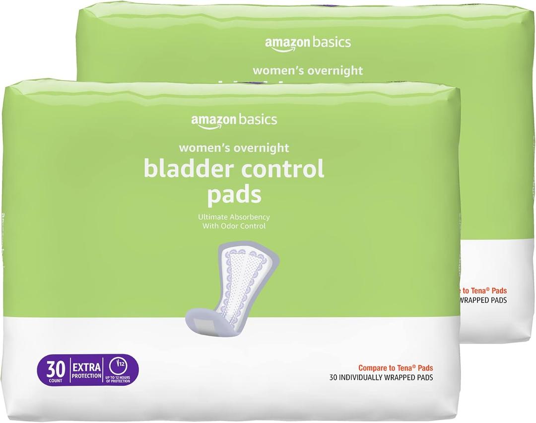 Amazon Basics Incontinence Pads for Women, Bladder Control, Postpartum, Overnight Absorbency, Unscented, 60 Count (2 Packs of 30)