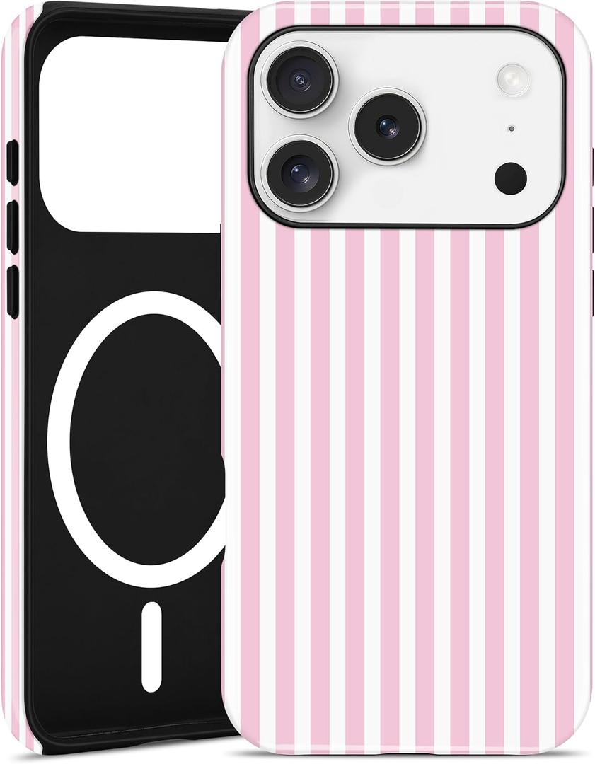 Jusy Compatible with MagSafe Striped Phone Case for iPhone 14 Pro, Cute Aesthetic Magnetic Soft TPU and Hard PC Protective Phone Cover for Women Girls (Matte) - Pink and White