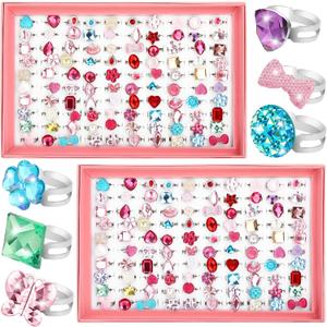 Jerify 2 Boxes Valentine Kids Rings for Girls, Adjustable Little Girl Dress up Rings Play Jewelry Princess Jewel in Box for 4-12 Year Old Kids Toys Party Favors Birthday Gifts Assorted
