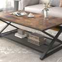 LVB Rustic Coffee Table with Storage, Industrial Wood Metal 2 Tier Center Living Room Table with Mesh Shelf, Farmhouse Wooden Low Rectangle Cocktail Tea Table for Office Bedroom, 47 inch, Rustic Brown