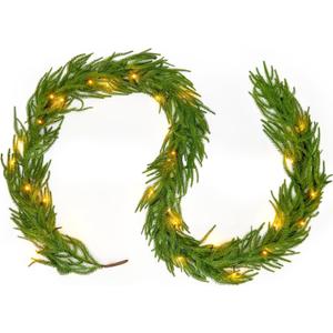 9FT Real Touch Norfolk Pine Christmas Garland with Light Winter Artificial Faux Greenery Garland Table Mantle Stairs Fireplace Wall Decor Outdoor Indoor Porch Home Decorations (Battery Not Included)