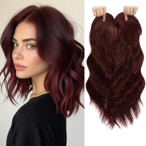 TYQ Hair Toppers for Women with Thinning Hair,14 Inch 360 3D Synthetic Curly Wavy Side Part Clip in Bangs(Burgundy Red) (99J)