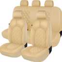 CAROMOP Luxury PU Leather Car Seat Covers Full Set-Waterproof Seat Protectors with Split Bench Seat Covers for Cars-Universal Cars Interior Covers for Sedans, SUVs, Pick-up Trucks(Beige/Beige Line)
