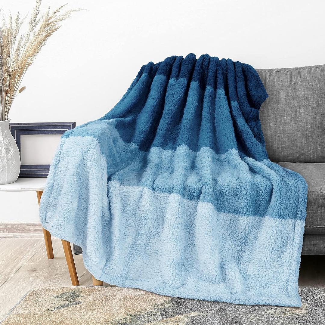 PAVILIA Fluffy Sherpa Throw Blanket Ombre | Gradient Plush, Soft, Fuzzy, Decorative Accent Throw Blanket for Couch Sofa Twin Bed | Cozy Warm Decorative Furry Faux Fur Blanket, 60x80 Inches Sea Blue