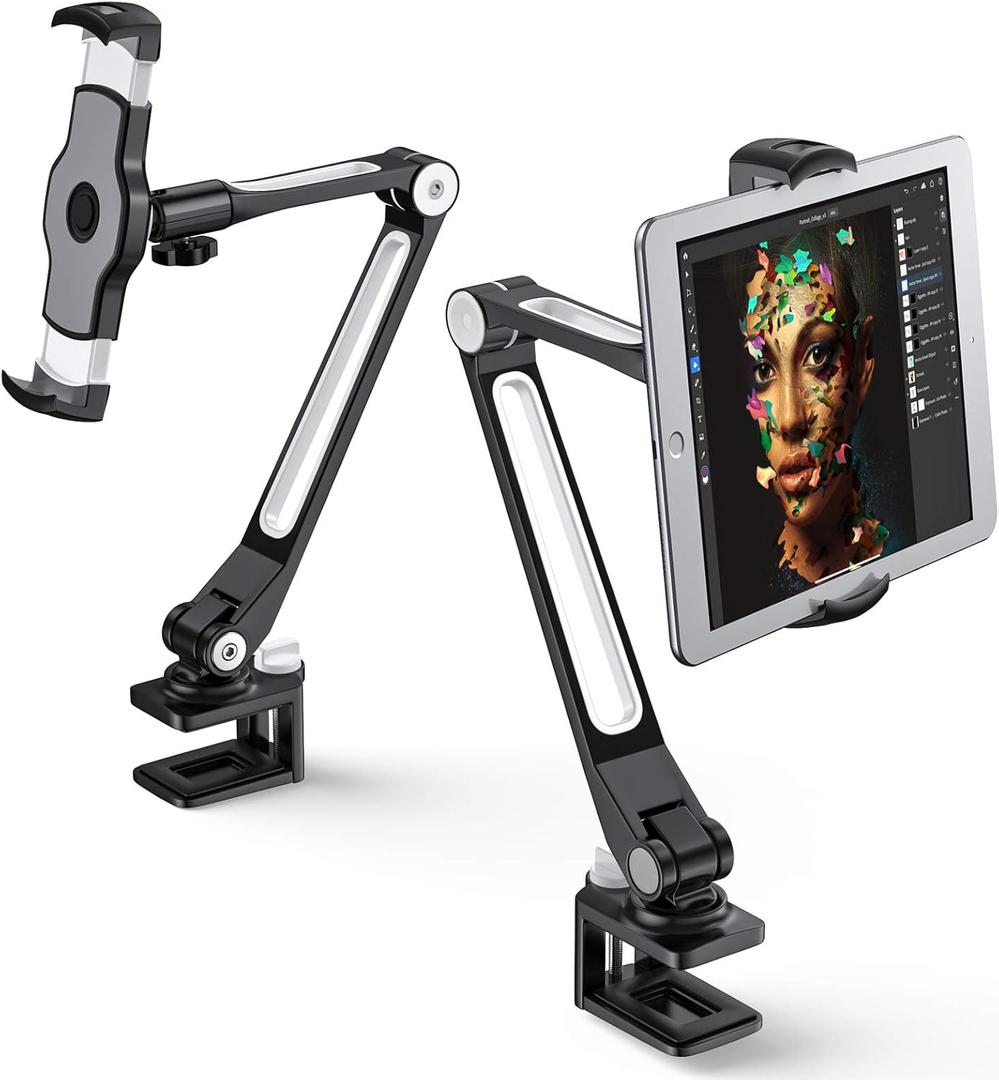 AboveTEK Multi-Angle Adjustable Tablet Stand, 360 Swivel Arm Aluminum Clamp for 4"-11" Tablets/Phones, Supports iPad/iPad Mini, Black