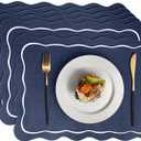 Faux Leather Placemats Set of 6, 12 x 17 Inch Scalloped Table Mats Waterproof Oil-Proof Heat Resistant Wipeable PU Place Mats for for Kitchen, Dining, Outdoor (Dark Blue)