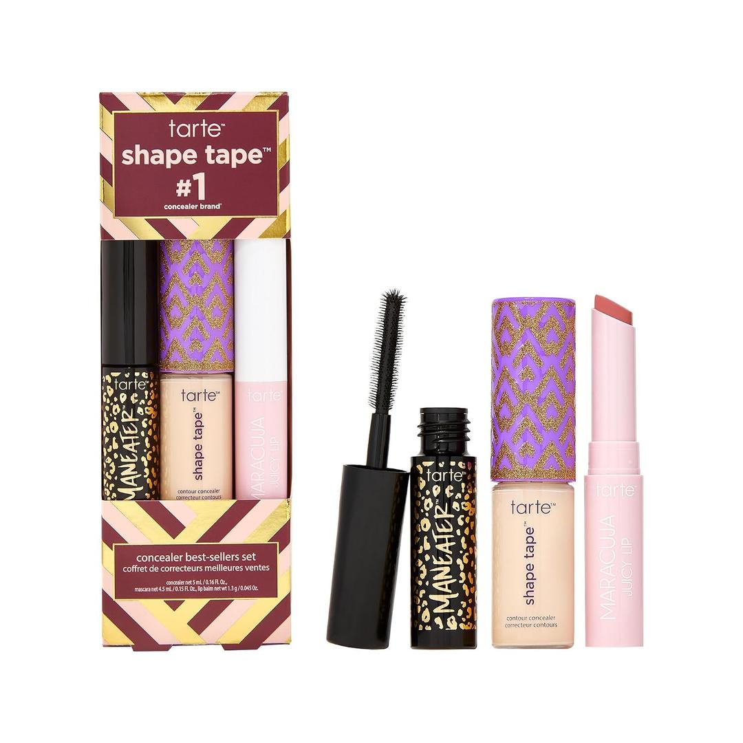 Tarte shape tape best-sellers set Shape Tape Concealer, Hydrating Lip Gloss Balm & Mascara for Curl, Volume & Length, Longwear, Cruelty Free