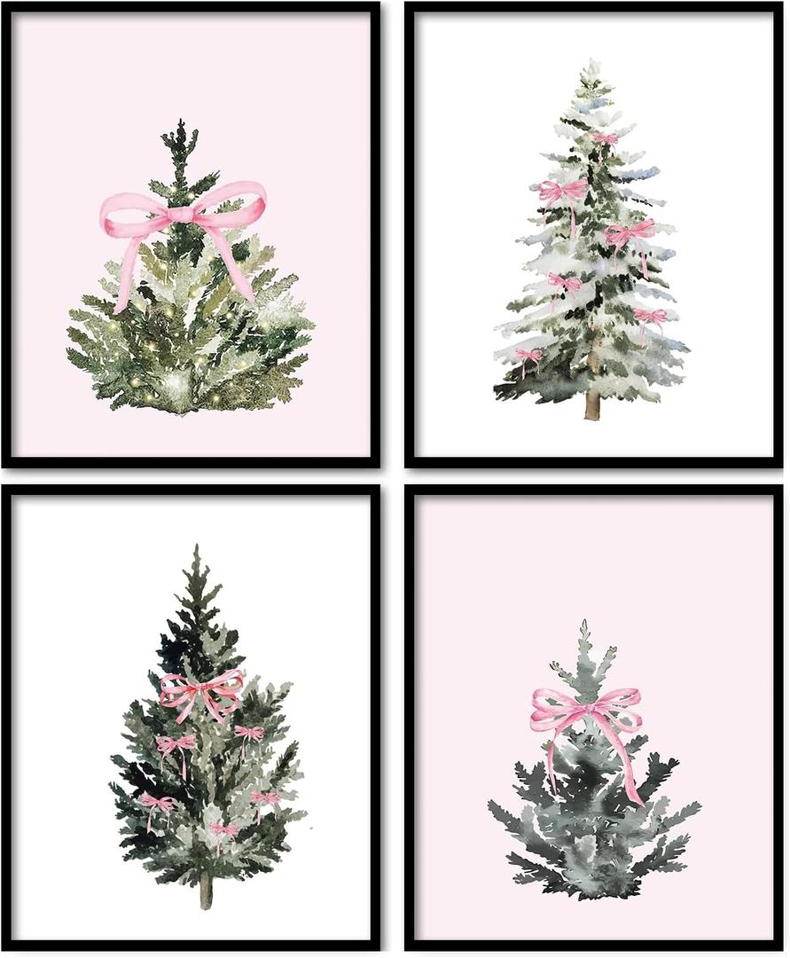 foedor Coquette Pink Bow Themed Gifts Prints,Pine Tree Decor,Pink and White Room Decor,Pine Tree Wall Art for Home Office,Coquette Wall Decor for Holiday Bathroom Bedroom,12x16,Set of 4