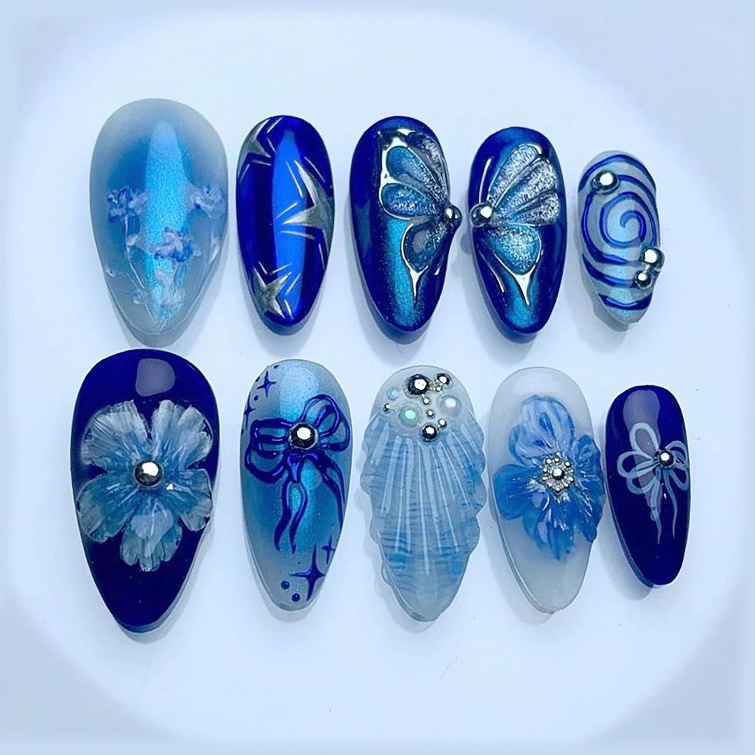 MISUD Press on Nails - Medium Almond Glue on Nails with Summer Blue, Acrylic Flower Butterfly Design 24 pcs