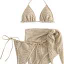 GORGLITTER Women's 3 Piece Swimsuits Halter Triangle String Bikini Set with Beach Skirt Swimwear Set (Medium, Khaki)