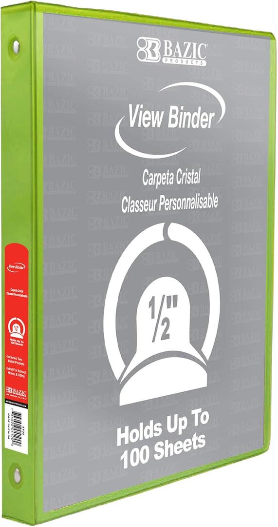 BAZIC Products 3 Ring Binder 1/2" Economy View Binders Organizer - Lime Green, Round Ring, Hold 100 Sheets Paper, for School Office Home, 1-Count
