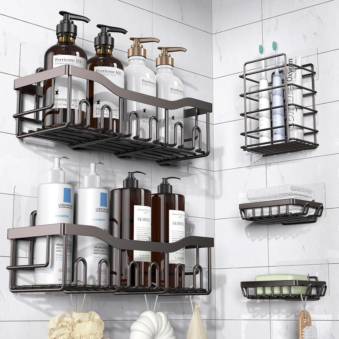 5-Pack Rustproof Stainless Steel Shower Caddy  No Drill Adhesive Bathroom Organizer with Large Capacity, Spacious Shower Shelves for Inside Shower, Kitchen & Home Decor Storage (5-piece set, Dark Brown)