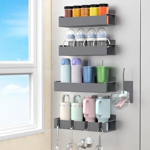 HuggieGems Magnetic Water Bottle Holder for Refrigerator, Cup Holder Organizer for Stanley and Tumbler for Kitchen, 4 Pack, Dark Gray