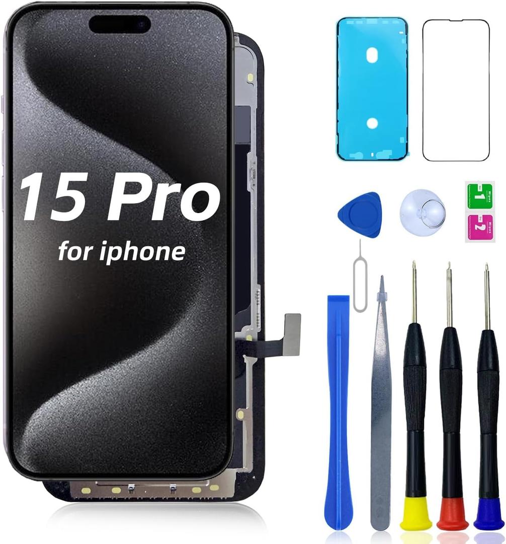 FHD LCD for iPhone 15 Pro Screen Replacement (A2848, A3101, A3102, A3104) 3D Touch Screen Display Digitizer Frame Assembly with Repair Kit+Protective Film Tools