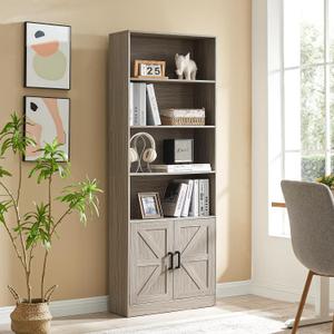 70in Tall Bookshelf 6 Tier Bookcase with Barn Doors and Adjustable Shelf, Oak Grey Farmhouse Book Shelves with Storage Cabinet, Wood Floor Standing Display Bookshelve for Bedroom, Living Room