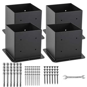 6x6 Post Base 4 Pcs, (Inner Size 5.6x5.6) Post Anchors, 13GA Thick Solid Steel & Black Powder Coated,Deck Post Brackets Support Deck Base Plate Pergola Brackets Fence Kit