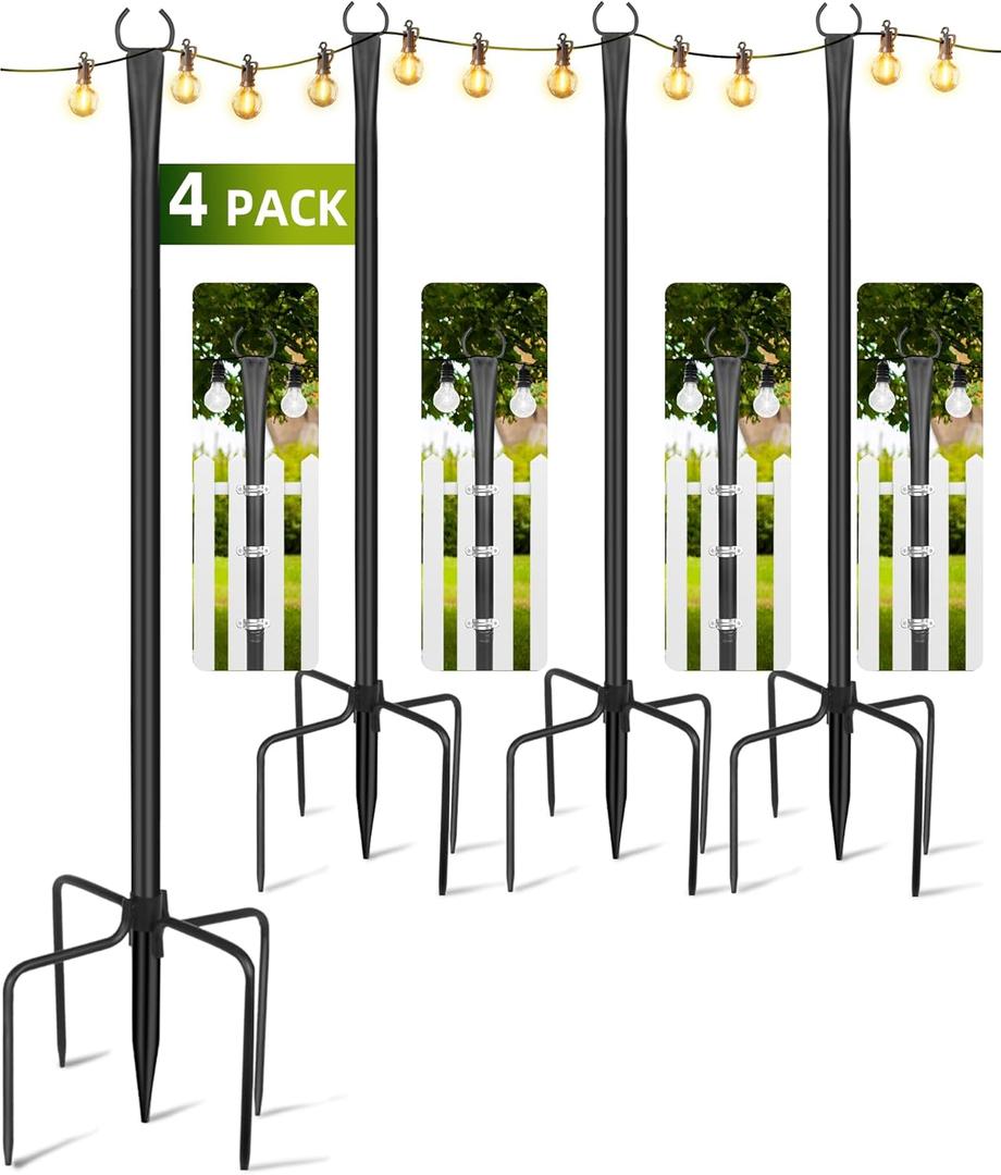 String Light Poles for Outside 4 Pack, 10ft Metal Outdoor String Light Poles for Deck - Ideal for Patio, Garden, Yard, Front Porch Decorations, Black