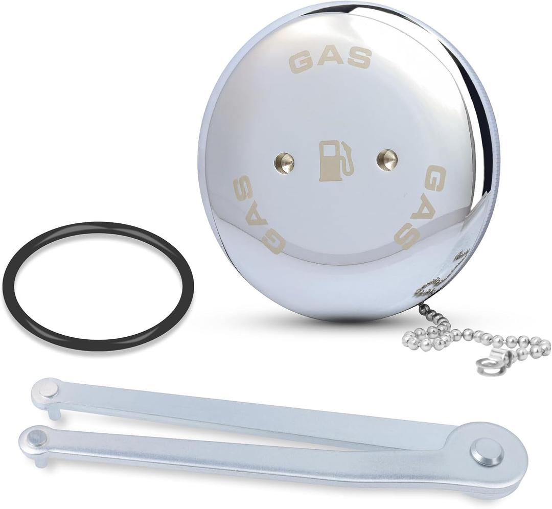 0540DPG99A Boat Gas Cap, Marine Fuel Cap for Perko 1-1/2" Angled Neck Vented Fuel Fills, Chrome Plated Bronze with Chain, O-Ring & Wrench