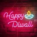 Happy Diwali Neon Sign, Festival of Light Oil Lamp Shape LED Neon Light Signs, Diwali Decorations for Home, Neon Signs for Wall room bedroom Decor (Pink)
