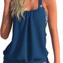 MODLILY Cut Out Tankini Swimsuits for Women, Two Piece Bathing Suits, Fake 2 in 1 Blouson Top with Boyshorts (Blue, XL)
