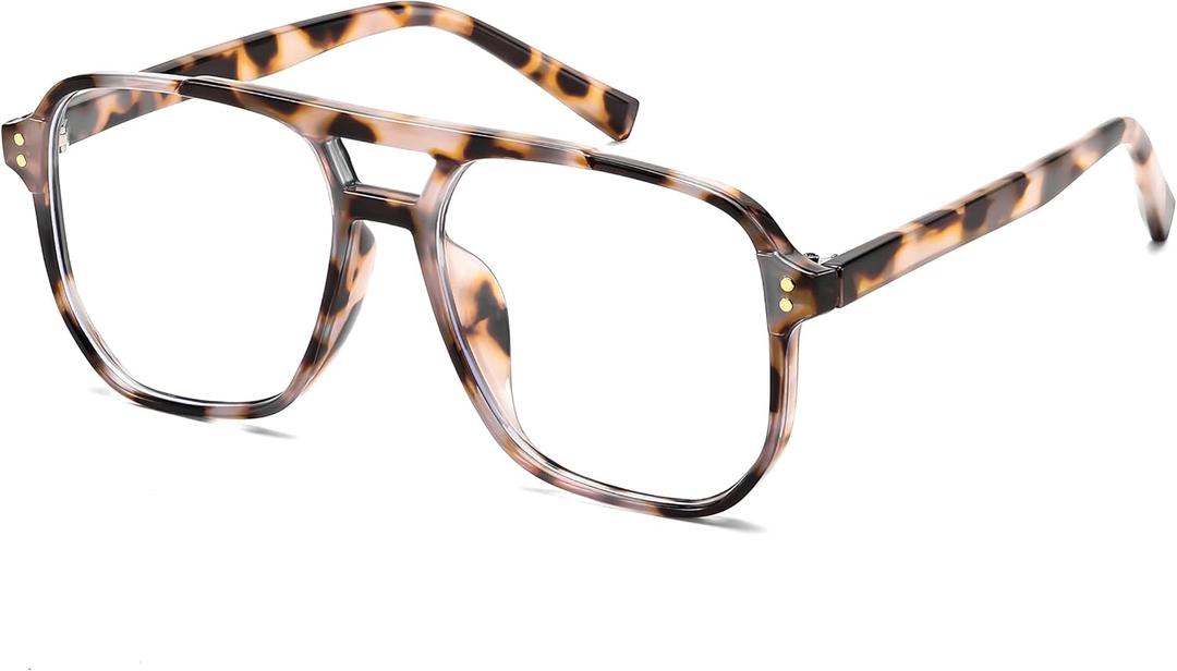 FEISEDY Blue Light Blocking Glasses Fake Nerd Clear Square Computer Lightweight Pilot Glasses Frame Oversized B2866 (Pink Leopard Frame)