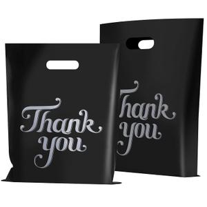 100 Pcs Black 12x15" Thank You Bags, Shopping Bags for Goodie, Boutique, Retail, Party Gifts, Clothes, Reusable Plastic Bag with Handles (Black)