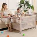 5 in 1 Pack and Play, Portable Travel Baby Bassinet, Foldable Travel Playard Playpen for Toddler, Bedside Crib Sleeper, Diaper Changer Table, Baby Playard for Newborn (Champagne)