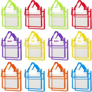 Teling 24 Pack Thick Clear Book Pouches with Blank Name Tags and Handles Book Baggies Bags Bins Organizer for School Classroom Library Pockets Students (10 x 12 Inch,Stylish Color)
