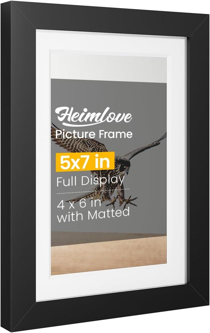 Heimlove 5x7 Black Picture Frame,Black 5 x 7 Photo Frames Display Pictures 4x6 with Mat or 5x7 Without Mat,with HD Plexiglass,for Postcard Diploma Poster Collage for Tabletop or Wall Mounted