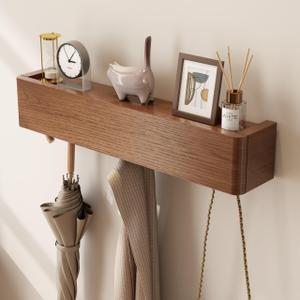 CycleCrew Solid Wood Wall Mounted Coat Rack with Shelf Hooks - Modern Floating Shelves with 5 Hidden Hooks, Heavy Duty Entryway Coat Key Holder Hanger for Hallway Bathroom Bedroom Home Decor