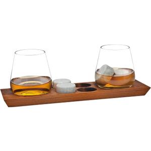 Godinger Whiskey Glasses, Drinking Glasses, Bar Glasses, Wine Glasses, Stemless Glasses, and Chilling Rocks Whiskey Stones Bar Set on Wooden Display Tray