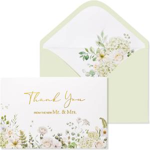 Crisky Green Floral Wedding Thank You Cards with Envelopes & Stickers From Mr & Mrs, 50 Pack Gold Foil Eucalyptus Leaves Thank You Greeting Note Cards Bulk for Bridal Shower