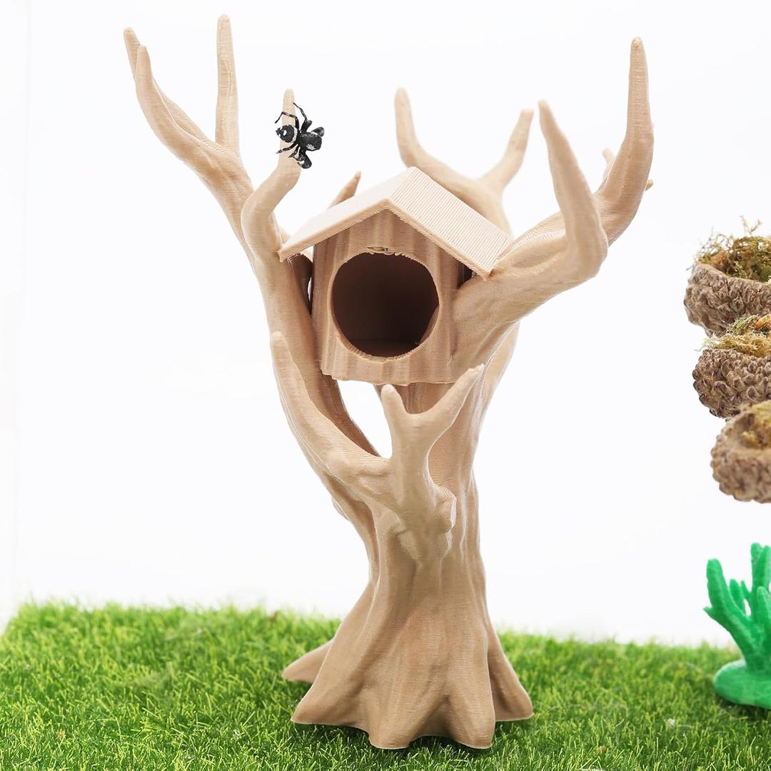 Jumping Spider Tree, Spider Hiding Cave, Tree-Shaped Climbing Toy & Cave, 3D Printed Decorative Accessory for Jumping Spiders, Wolf Spiders, Mantises & Small Arboreal Animals (Wood Color)