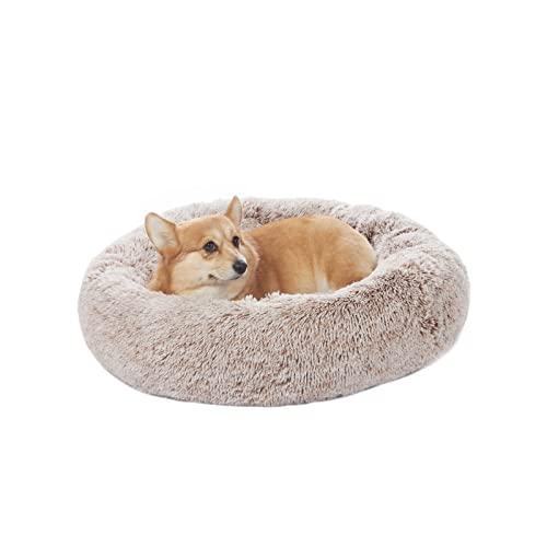 Bedfolks Calming Donut Dog Bed - Round Plush for Medium Dogs, Anti-Anxiety, Machine Washable (Brown), 20x20