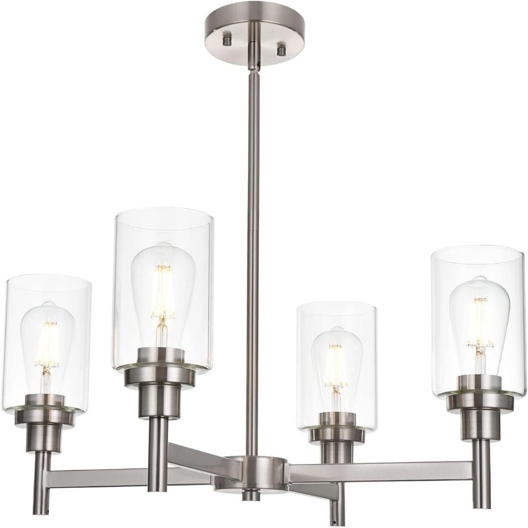 VINLUZ 4 Light Modern Chandelier Brushed Nickel Pendant Lighting Clear Glass Shades Contemporary Ceiling Light Fixtures for Dining Room Kitchen Living Room