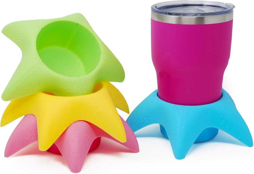 Island Genius Starfish 4-Pack Beach Cup Holders, Sand-Free Drink Holders, Beach Essentials for Family, Adults, Kids, Multicolor Mesh Coasters