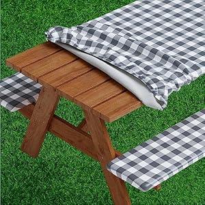 Sorfey Picnic Table Cover with Bench Covers -Fitted with Elastic, Vinyl with Flannel Back, Fits for Table 30"x 96" Rectangle, Water Proof, Checked Grey Design