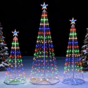JOYIN 3 Pack LED Christmas Cone Tree Lights, 4FT 5FT 6FT Outdoor Lighted Tree with 8 Lighting Modes & Star Topper, Christmas Decorations for Yard Porch Patio Garden Holiday Decor, Multicolor