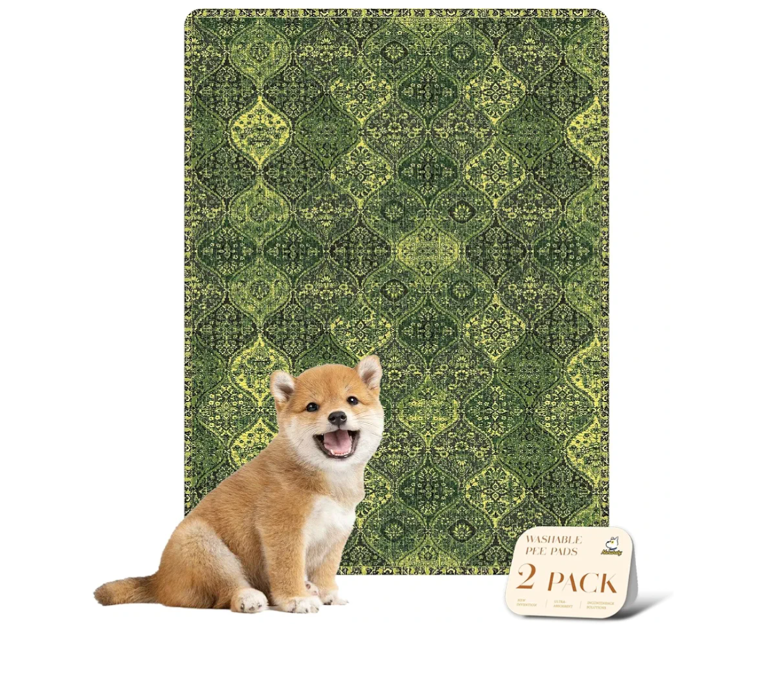 nunubaby Washable Pee Pads for Dogs, Stylish, Non-Slip and Leak-Proof Pee Pads. Reusable Potty Pads for Dogs for Crates and Floors.(Green/Multi, 18" x24")