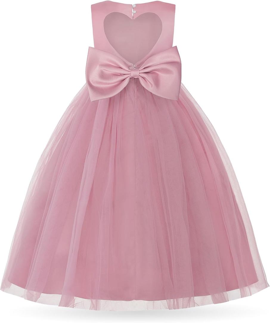 Uhnice Flower Girl Pearl Dress Tulle Ball Gown Bow Prom with Heart Cutout for Wedding Birthday Party (5-6 Years, Dusty Pink)
