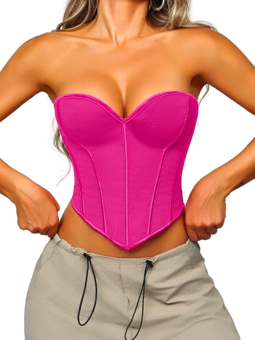 ChiaoLezhee Heart Corset Top For Women, Sexy Concert Outfits Going Out, Strapless Crop Top, Overbust Bustier (Pink, Small)