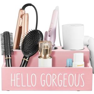 Bivvclaz Hair Tool Organizer, Wooden Hair Dryer Holder Countertop, Wall Mount Hot Tools Organizer for Hair Styling Accessories, Bathroom Supplies Vanity Caddy for Curling Wand, Blow Dryer, Pink