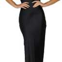 Satin V Neck Puffy Sleeves Silk Midi Dresses Empire Waist Elegant Tie Back Formal Cocktail Dress for Women Wedding Guest (Large, Black)