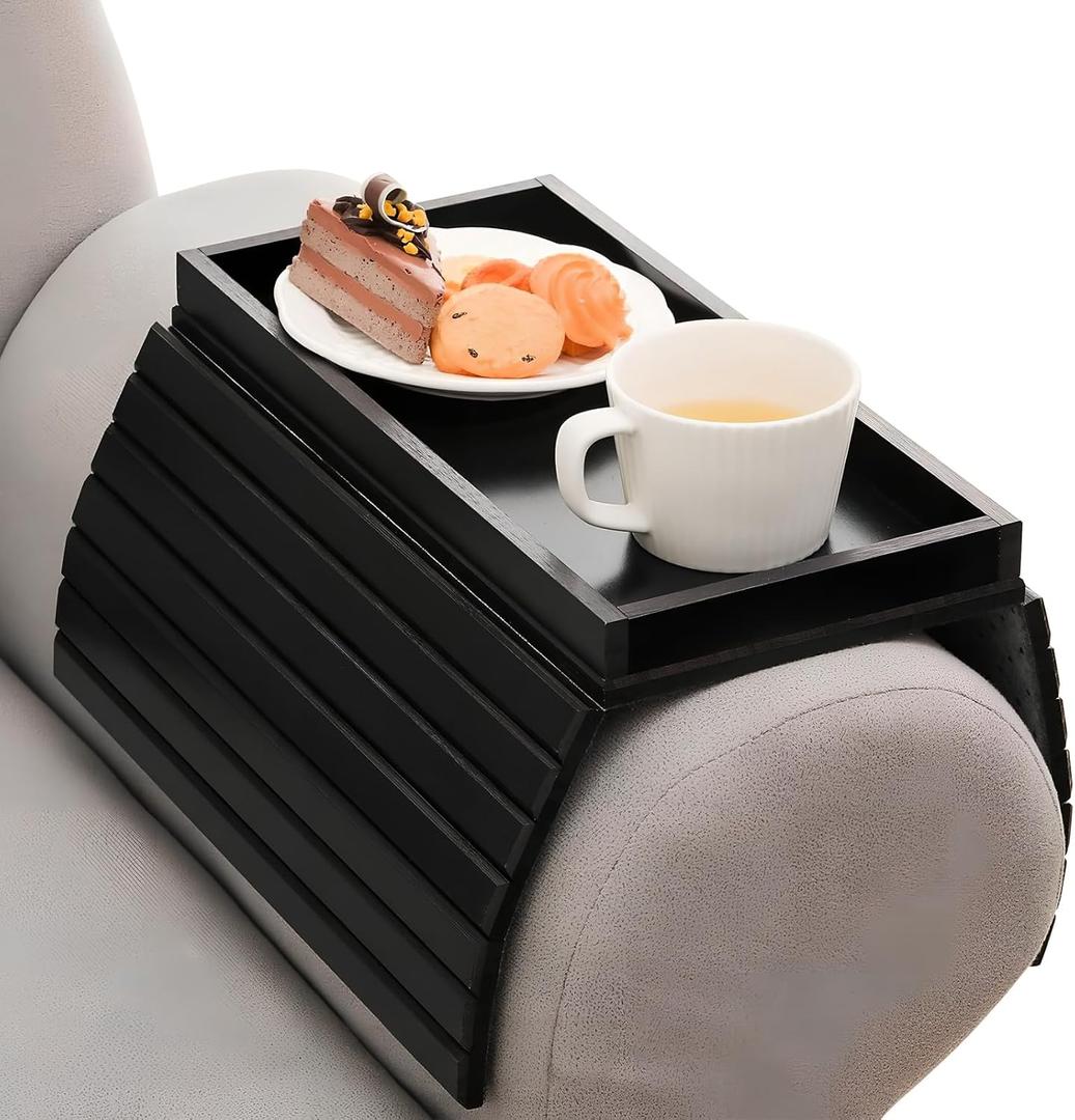 Couch Armrest Table, Bamboo Couch Cup Holder, Couch Cup Holder Tray, Sofa Arm Tray, Armchair Caddy 12.4" x 5.5" with Nonslip Felt Bottom, Sturdy Bamboo Slats for Armrests 6" and Wider (Black)