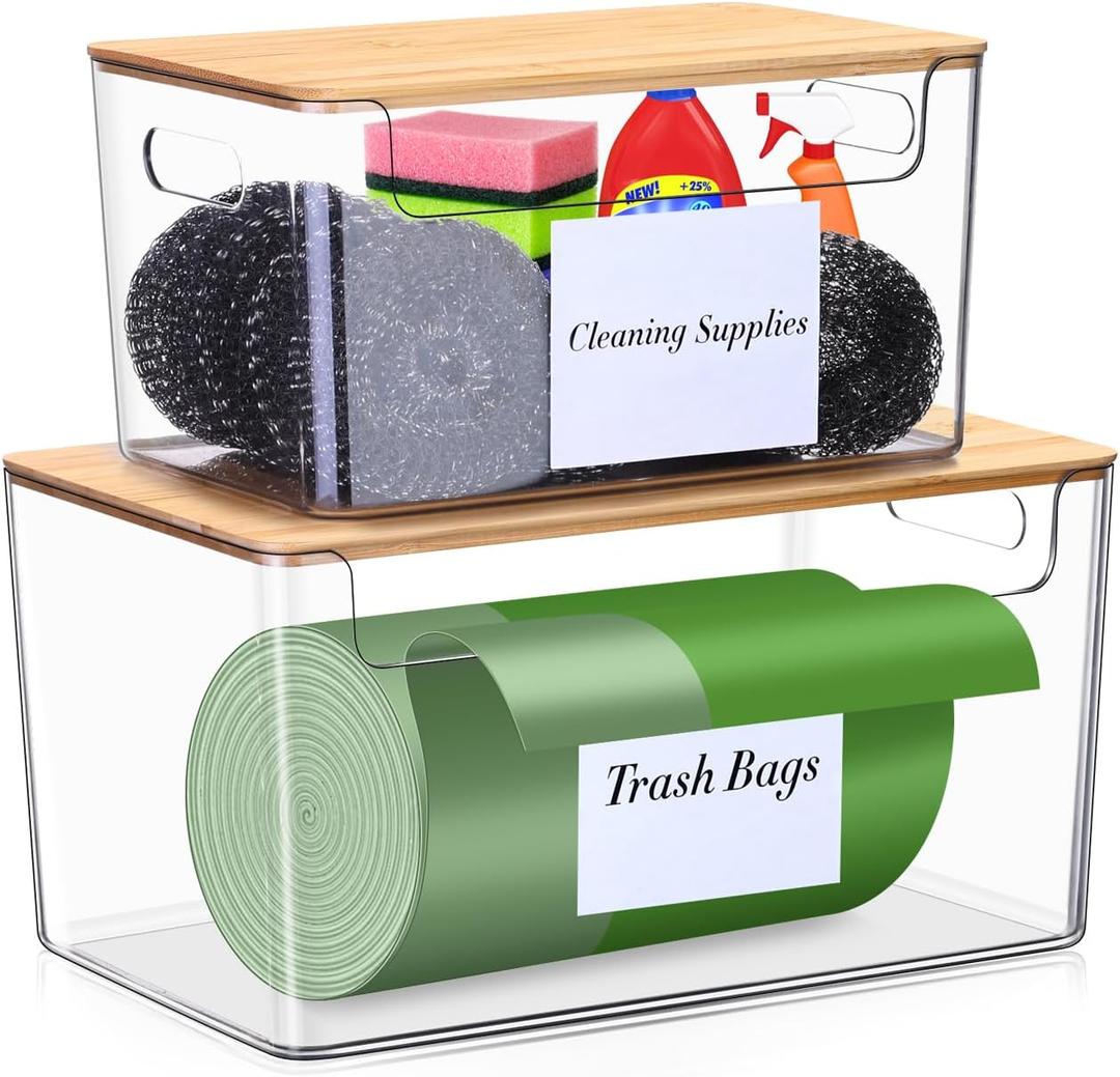 2 Pack Trash Bag Holder Dispenser,Plastic Garbage Bag Dispenser with Bamboo Top,Organization and Storage Under Sink Stackable for Kitchen,Pantry,Laundry Room,Cabinet,Grocery,Fruits,Vegetables (Clear)